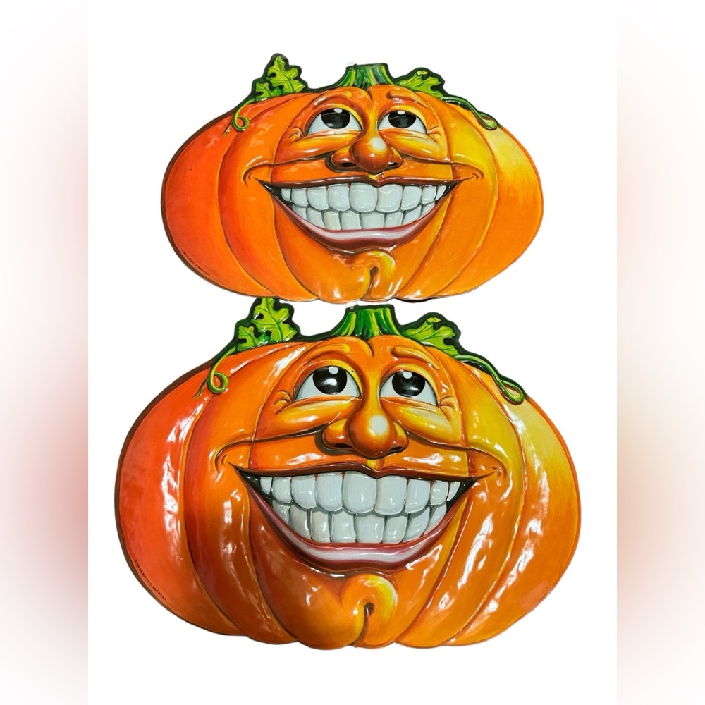 VTG Halloween Beistle Plastic Smiling JOL Pumpkins 3D Wall Hang 1998 Lot Of 2